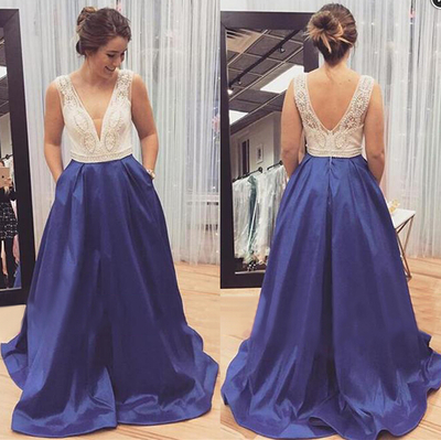 Deep V-neck Royal Blue Satin Prom Dresses Lace Women Party Dresses