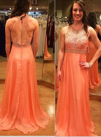 Scoop Neck Long Chiffon Prom Dresses Crystals women Party Dresses