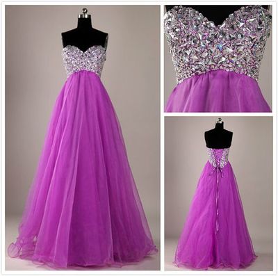 Sweetheart Neck A-line Purple Tulle Prom Dresses Crystals Women Dresses
