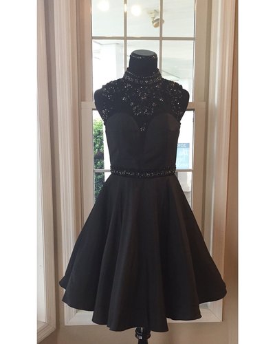 High Neck Black Satin Prom Dresses Crystals Women Party Dresses