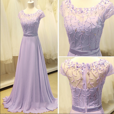 Scoop Neck Long Purple Chiffon prom Dresses Floor Length Women Party Dresses