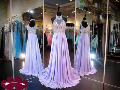Halter Neck Purple Chiffon Prom Dresses Crystals Floor Length Women Dresses