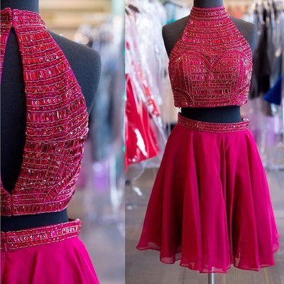 Halter Neck Short Chiffon Prom Dresses Crystals Party Dresses