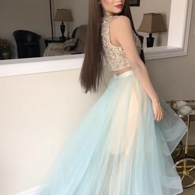 Ice blue two piece sparkly beaded organza long prom dresses - Thumbnail 5