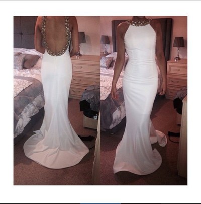 Open back Mermaid White Chiffon Prom Dresses Crystals Floor Length Women Dresses