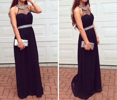 Scoop neck Long Chiffon prom Dresses Crystals Floor Length Women Dresses