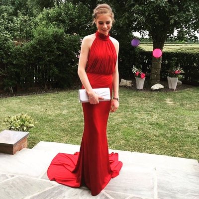 2018 Red Mermaid Prom Dresses High Neck Ruched Evening Formal Dress Gowns