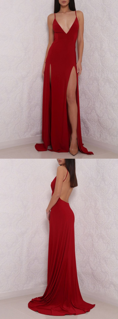 Sexy Deep V Neck Red Prom Dress,High Slit Prom Dress, Sexy Backless Gown, Backless Evening Dress,PD172606