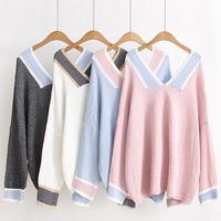Pastel Color Block Oversize V-neck Pullover - Thumbnail 2