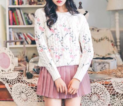 Sweet Flower Embroidered Knitted Sweater