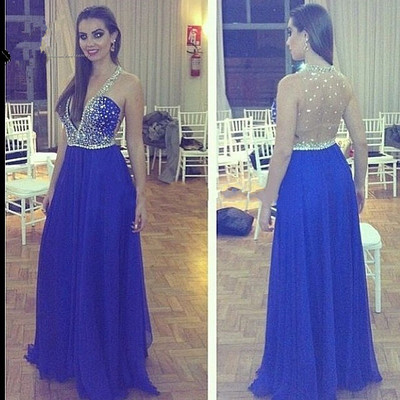 V-neck Long Chiffon Prom Dresses crystals beaded Women Dresses