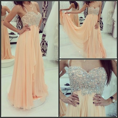 Spaghetti Straps A-line Chiffon Prom Dresses Crystals Women Party Dresses