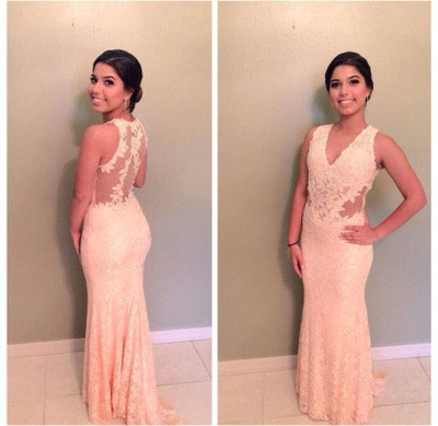 V-neck Sheath Lace Prom Dresses Floor Length Women Party Dresses