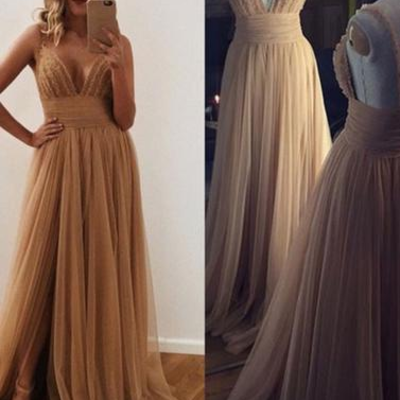 Spaghetti straps tulle dark champagne long prom dress with split side - Thumbnail 5