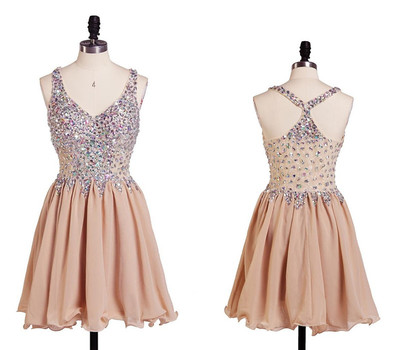 V-neck Short Chiffon Prom Dresses Crystals Women Party Dresses