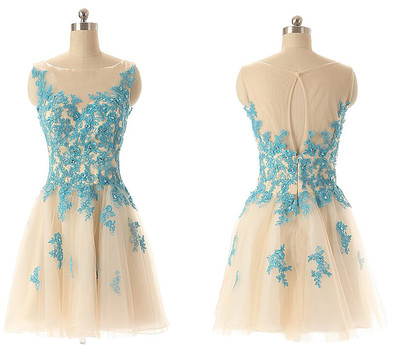 Scoop Neck Short Tulle Prom Dresses Lace Appliques Women Dresses