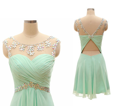 Scoop neck Short chiffon Prom Dresses Crystals Women party Dresses