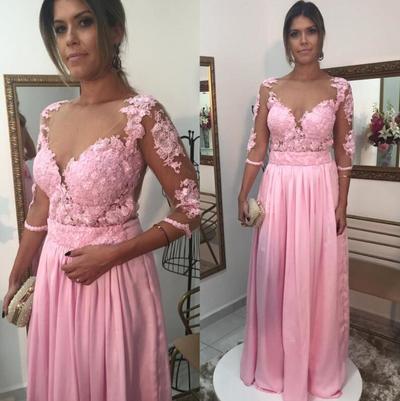 Half Sleeves Pink Chiffon Prom Dresses Lace Women Dresses