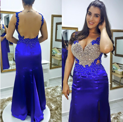 Hollow Back Mermaid Satin prom Dresses Crystals Floor Length Women Dresses