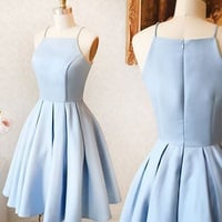 Simple light blue A line short prom dress, homecoming dress - Thumbnail 1