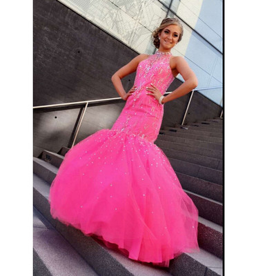 Halter Neck Mermaid Tulle Prom Dresses Crystals Floor Length Women Dresses