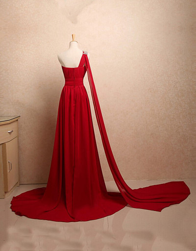 One Shoulder A-line Red Chiffon Prom Dresses crystals Women party Dresses
