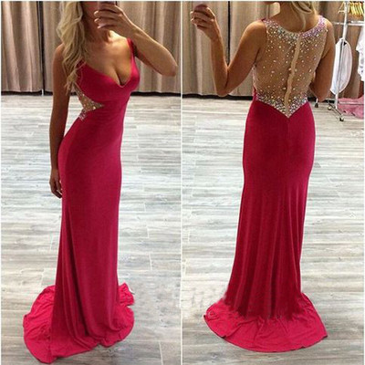 Hollow Back Sheath Chiffon Prom Dresses V-neck Crystals Women Dresses