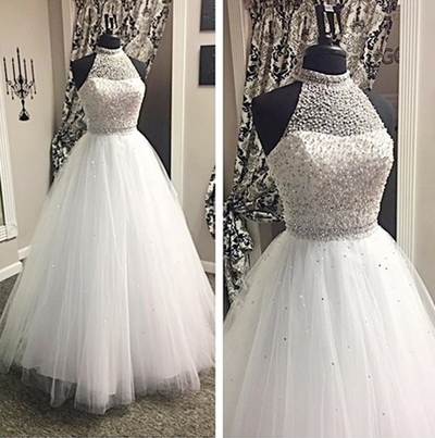 Halter neck White Tulle Prom Dresses Crystals Floor Length Women Party Dresses