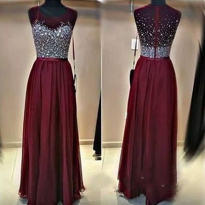 Scoop Neck Long Chiffon Prom Dresses Crystals Floor Length Women Dresses