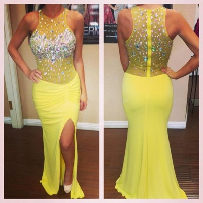 Sheath Chiffon Prom Dresses Crystals yellow Women Party Dresses