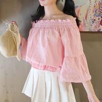Sweet Checker Off the Shoulder Blouse - Thumbnail 1