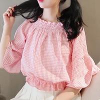 Sweet Checker Off the Shoulder Blouse - Thumbnail 2