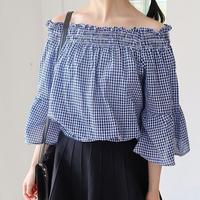 Sweet Checker Off the Shoulder Blouse - Thumbnail 3