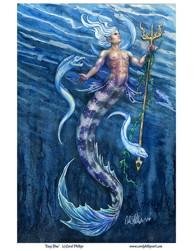 "Deep Blue" Merman mermaid ocean fantasy Art Print beach home decor