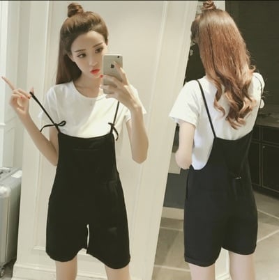 Slim straps overall shorts set
