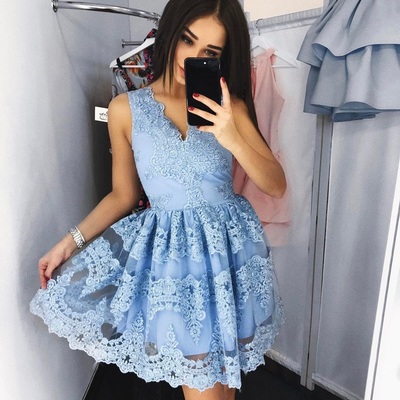 Cute blue v neck lace short prom dress, blue homecoming dress - Thumbnail 2