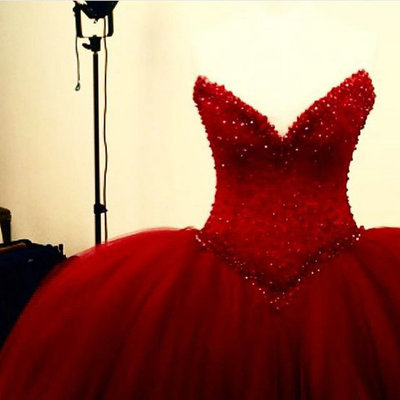 Sweetheart Neck Ball Gown Tulle Prom Dresses Crystals Women Dresses