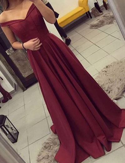 Burgundy Off-shoulder A-line Ruched Prom Dresses Long Prom Party Evening Gowns P17