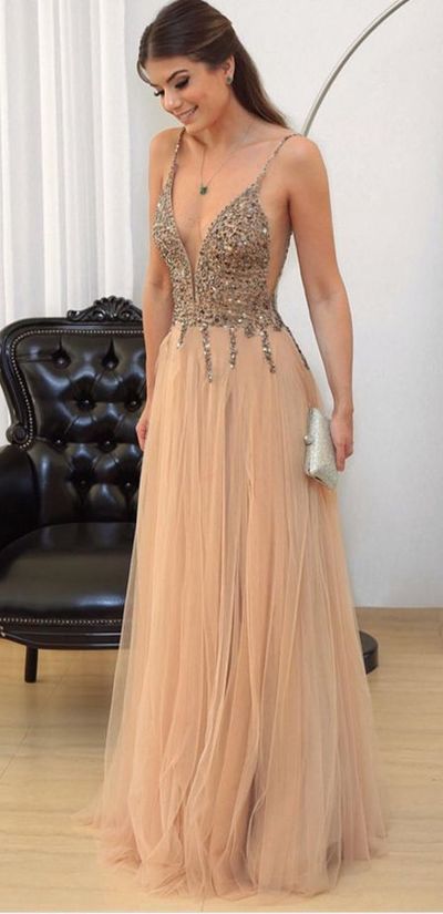 Sexy Open Back Deep V-neck Spaghetti Straps Prom Party Dresses Sparkly Beaded Crystal Long Prom Evening Dress P24