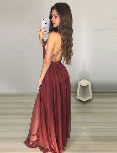 Simple Sexy Backless Deep V-neck High Slit Long Spaghetti Straps Evening Prom Dresses P25