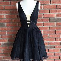 Cute black lace v neck short prom dress, lace homecoming dress - Thumbnail 1