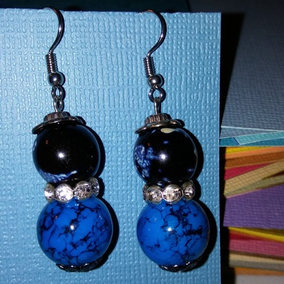 double sphere blue painted glass and porcelain with dark silver findings earrings