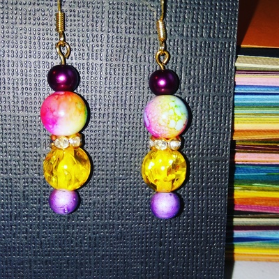 rainbow splatterpaint bead with purple, maroon and yellow and GOLD findings earrings