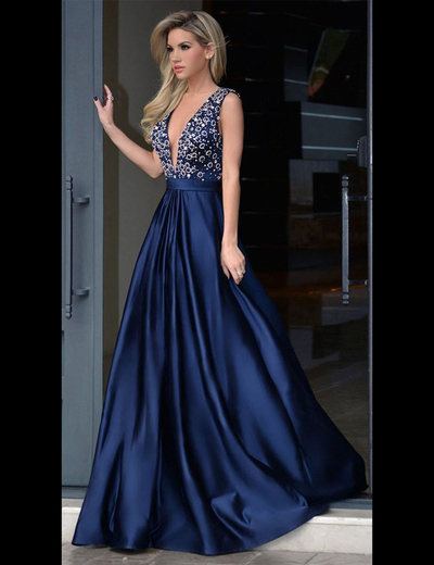 Gorgeous A-line Deep V-neck Backless Long Beaded Rhinestones Prom Evening Dress Navy Blue Prom Formal Dresses P35