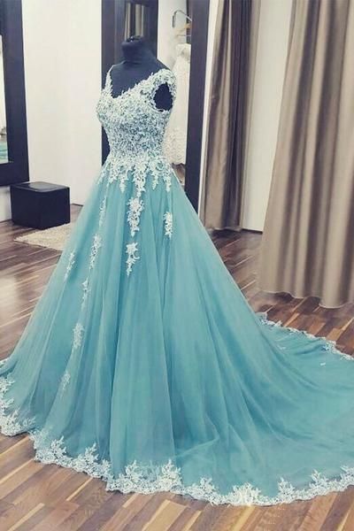 Glamorous A-line Cap Sleeves Long Lace Appliques Prom Evening Dresses Plus Size Formal Gowns P46