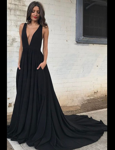 Fashion A-line Deep V-neck Open Back Black Long Pron Party Dresses Plus Size Evening Dress With Pockets P56