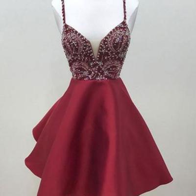 Burgundy v neck sequin beads short prom dress, burgundy homecoming dress - Thumbnail 3