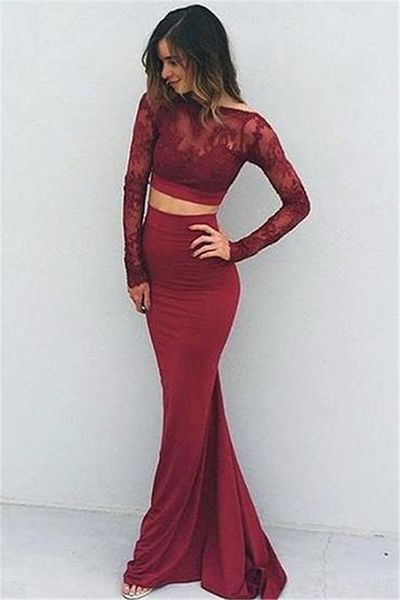 Two Piece Evening Dresses Elegant Red Boat Neck Long Sleeves Lace Mermaid Prom Evening Dresses P66