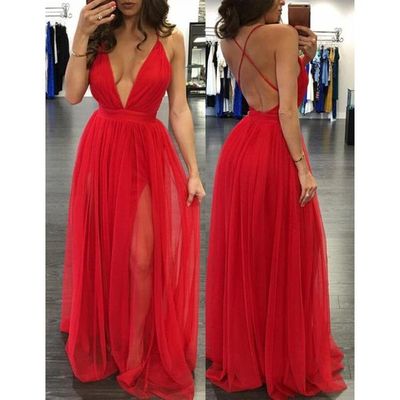 Red Tulle Red Deep V-neckline Cross Back Slit Prom Dresses, Long Tulle Party Gowns, Red Evening Dresses