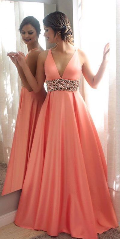 New Arrival A-line Deep V-neck Crystal Diamond Satin Long Prom Evening Dress Floor Length P83